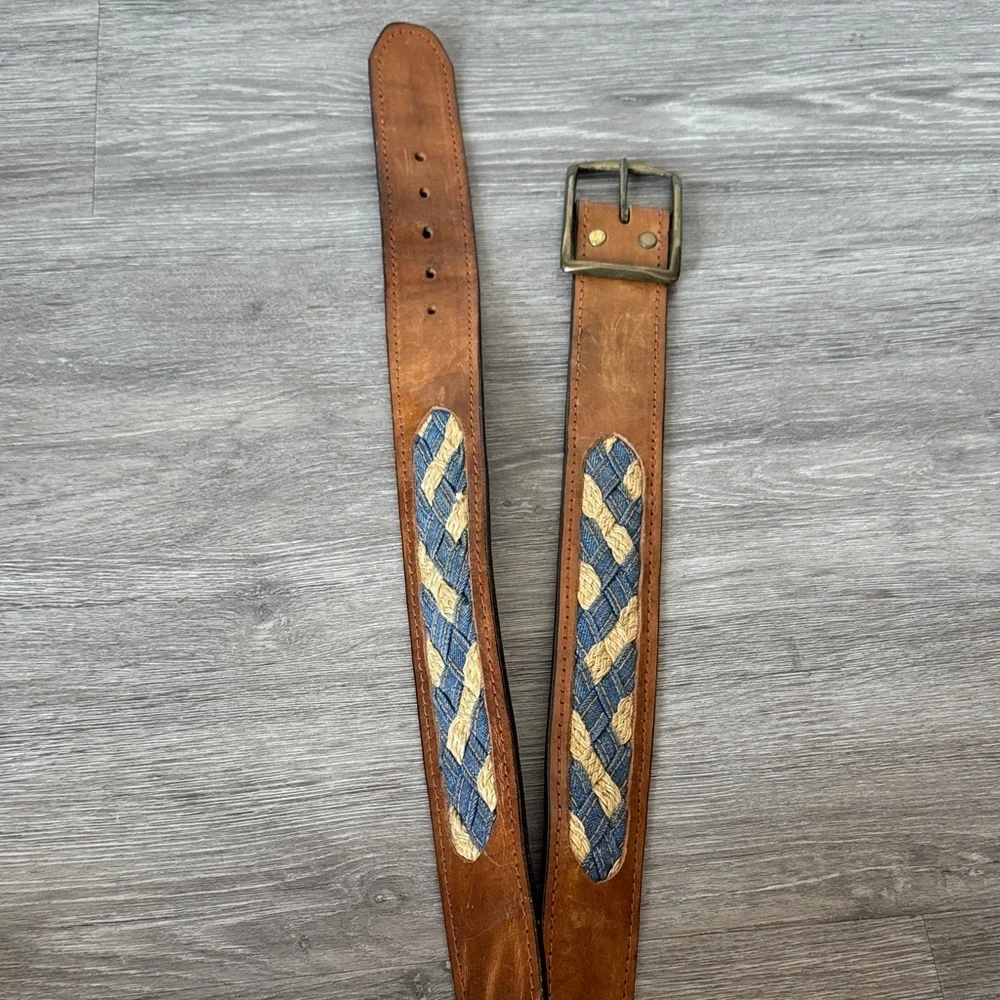 Western Brown Leather Belt with Denim Woven Panel Accents
